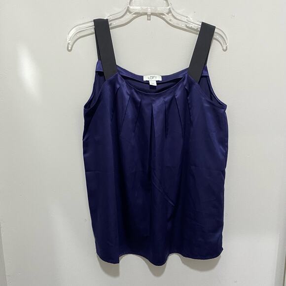 LOFT Navy Blue Satin Tank Top SIZE MEDIUM Black Ribbon Straps Pleated Neckline - Picture 8 of 8
